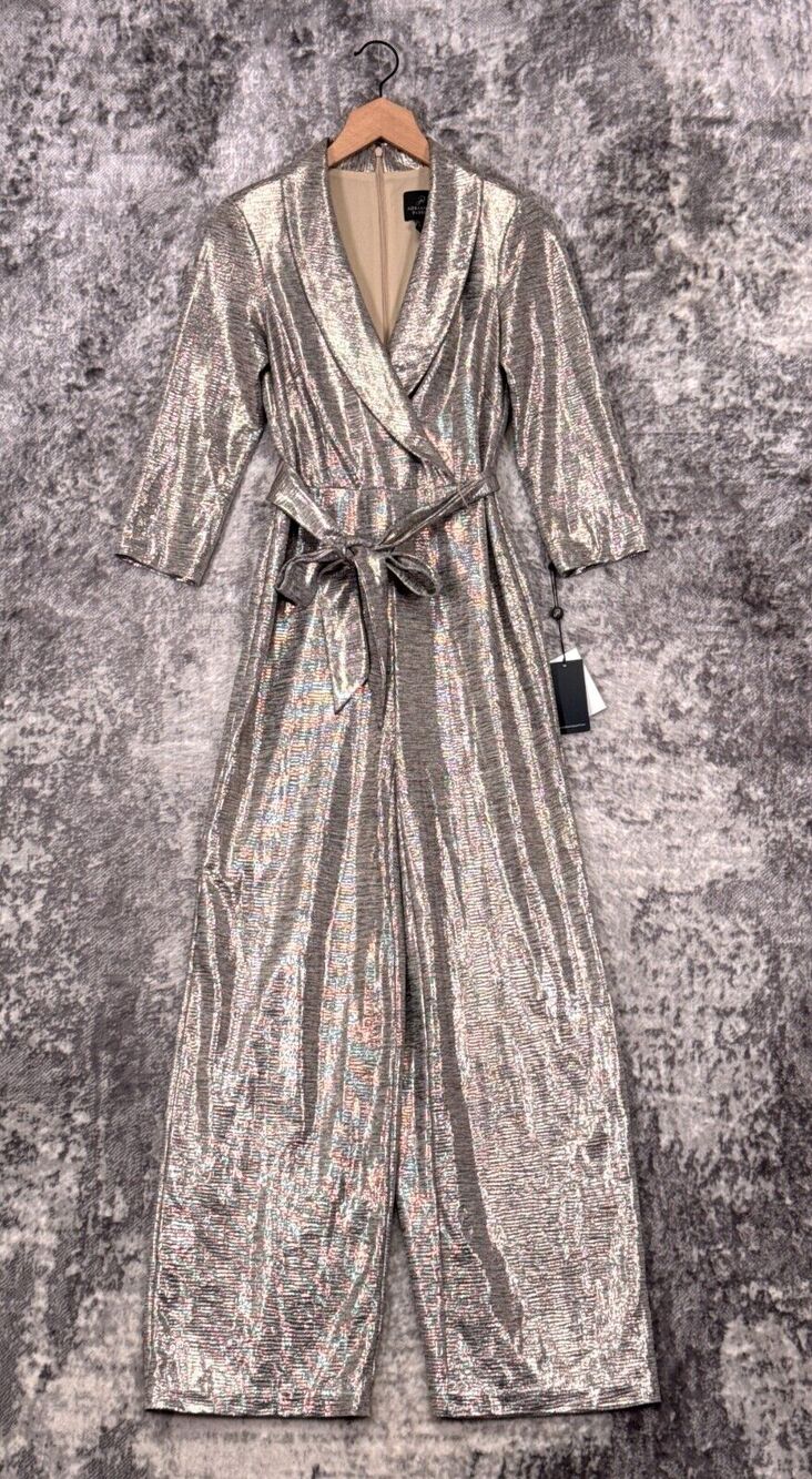 New Adrianna Papell Jumpsuit 0 Womens Foil Metallic Long Sleeve Straight Leg
